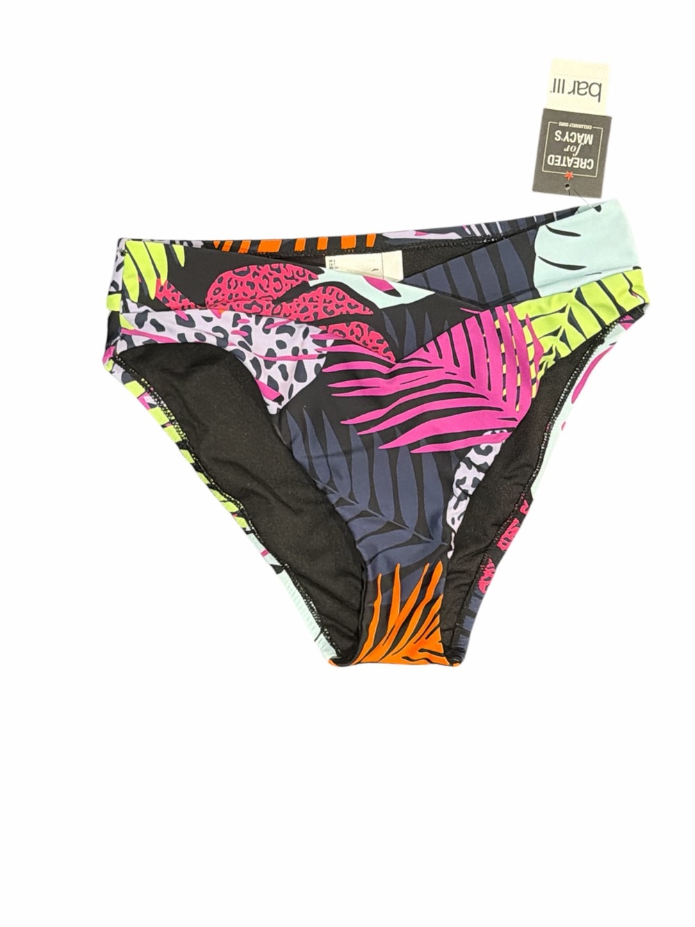 Bar III Black Tropical Leaf Bikini Bottom with Neon Accents